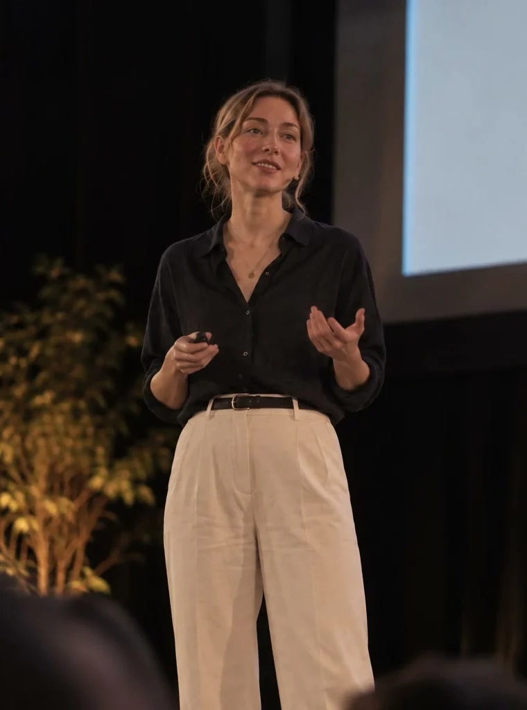 Giving her talk on stage, relaxed and smiling, clicker in hand