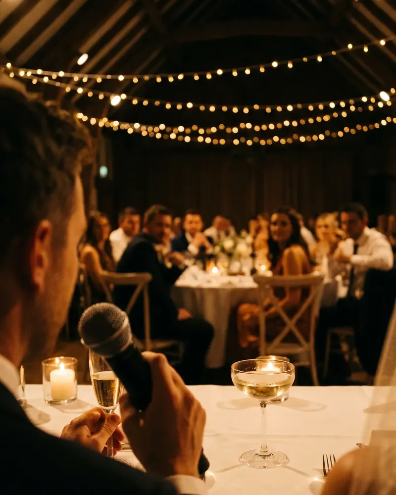 A best man at the top table, microphone in hand, guests at candlelit tables