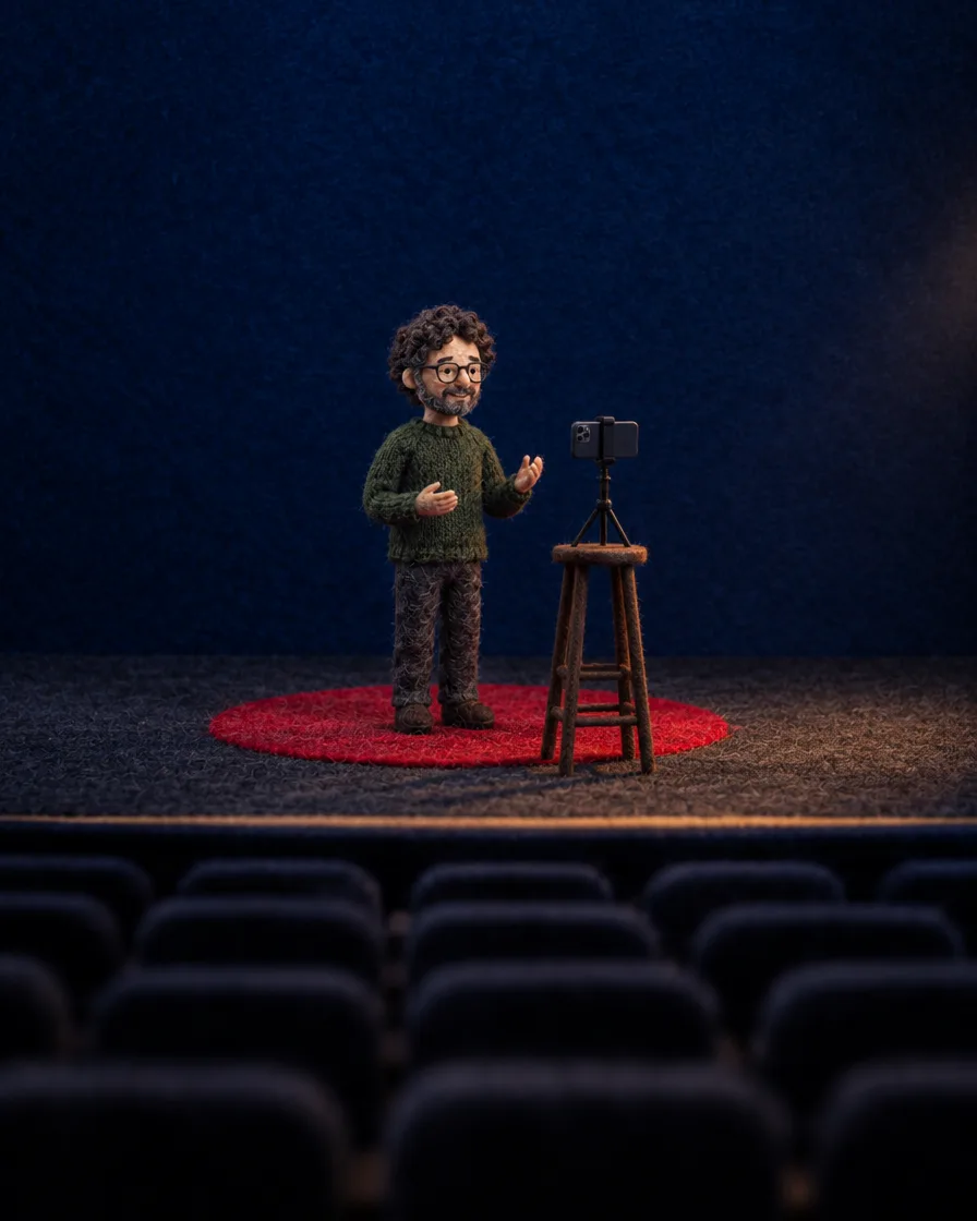 A small felt man in a green jumper stands alone on a red round carpet on a dark empty stage beside a stool, facing rows of empty seats and his fear of public speaking