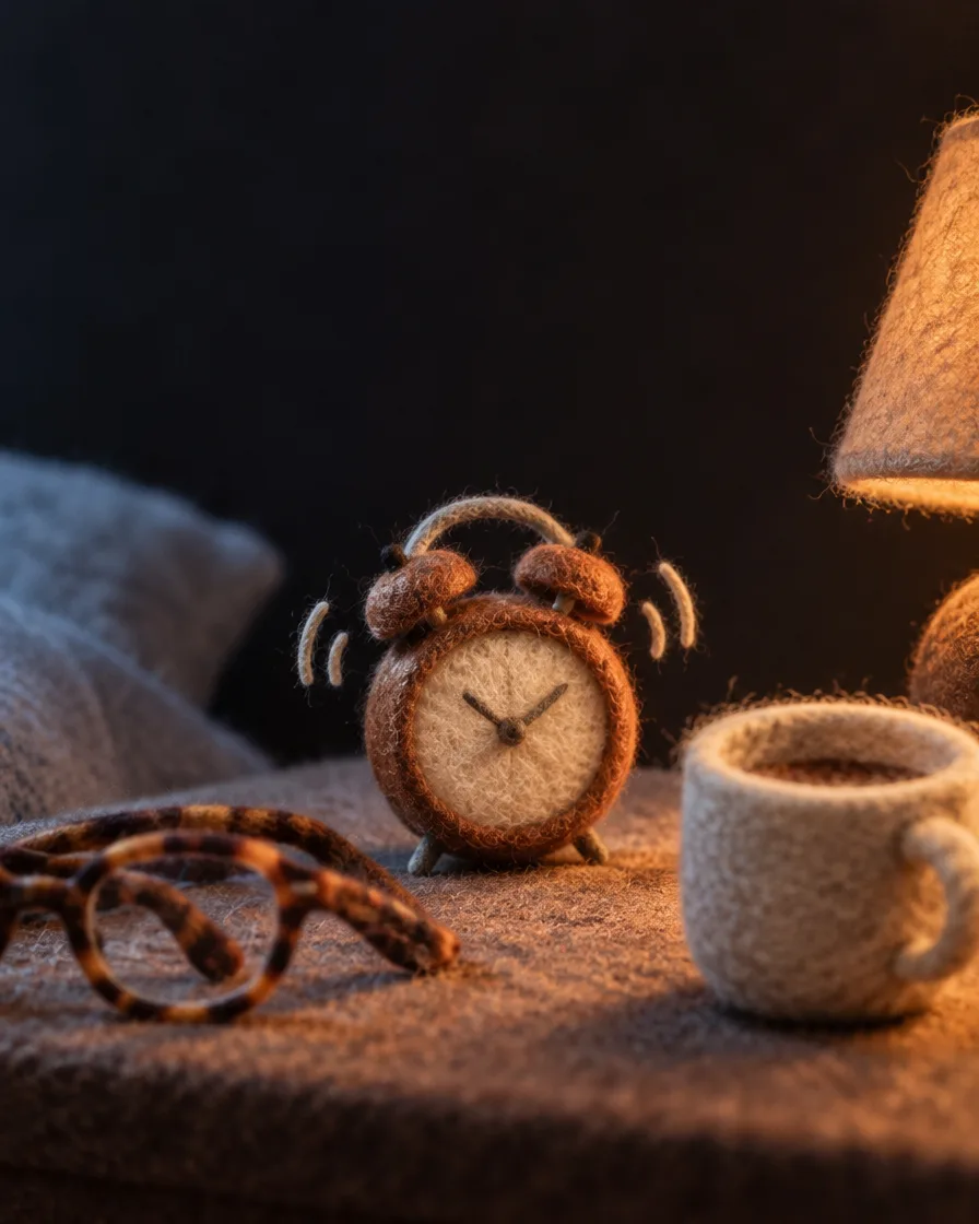 A felt alarm clock rings beside a felt mug of tea and a pair of glasses on a bedside table in warm lamp light, a reminder to time your 5 minute speech