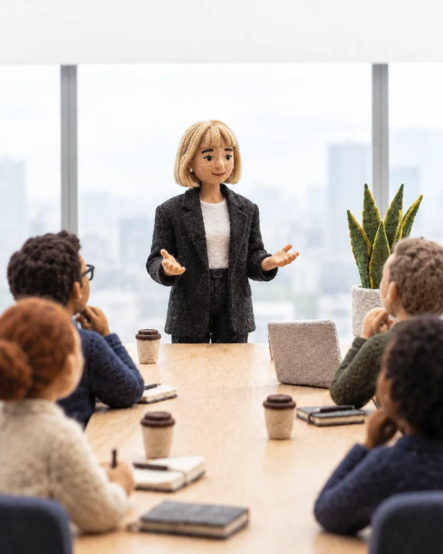 A felt woman with a blonde bob in a black blazer stands at the head of a meeting table using open hands when presenting to colleagues with laptops and coffee, city windows behind her