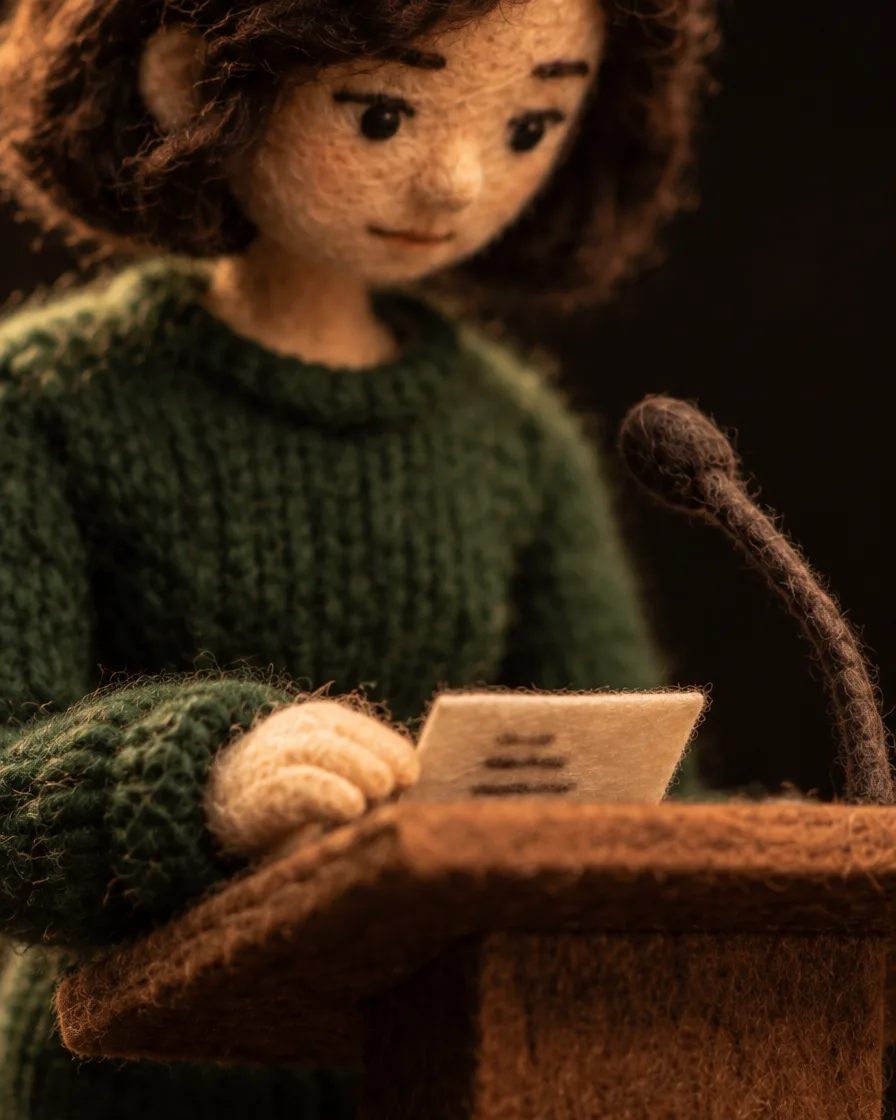 Close-up of a felt woman in a green jumper at a wooden lectern holding a small cue card beside a microphone in a dark room, ready in case her mind goes blank