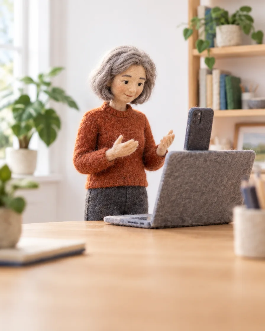 A felt older woman with grey hair in a rust jumper rehearses to a laptop and phone in a bright home office full of plants and shelves, preparing for a session with her public speaking coach